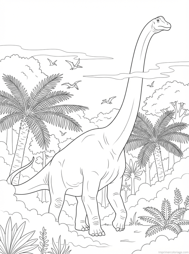 coloriage diplodocus foret brume aube - dessin gratuit &agrave; imprimer