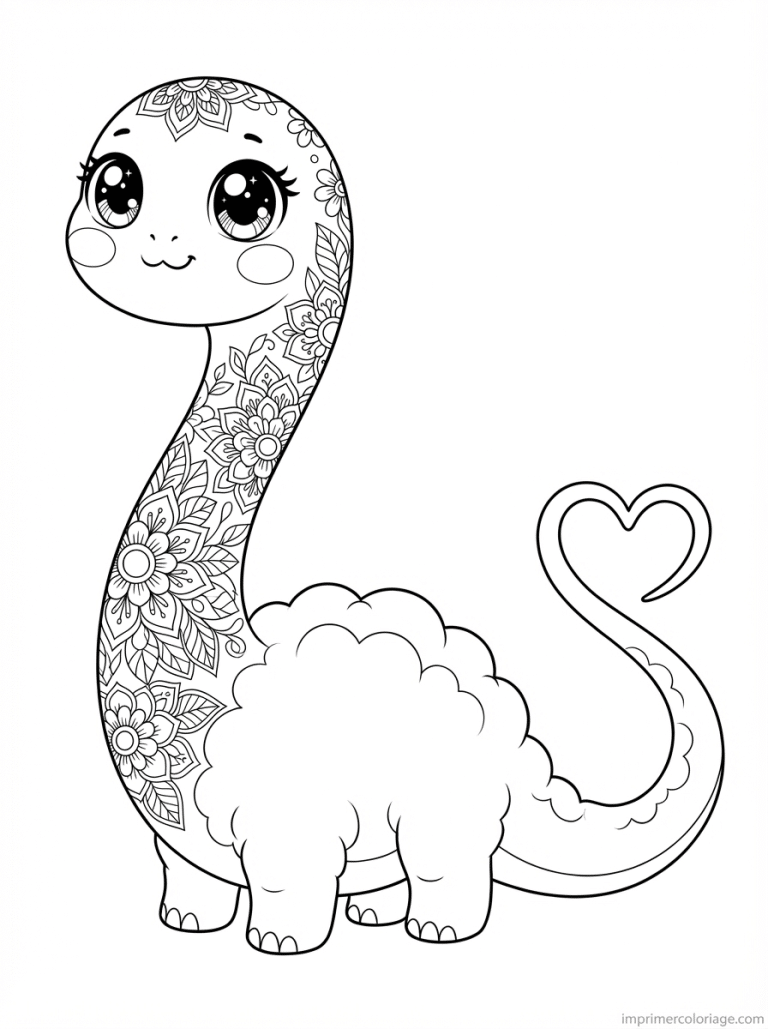 coloriage diplodocus kawaii cou mandala - dessin gratuit &agrave; imprimer