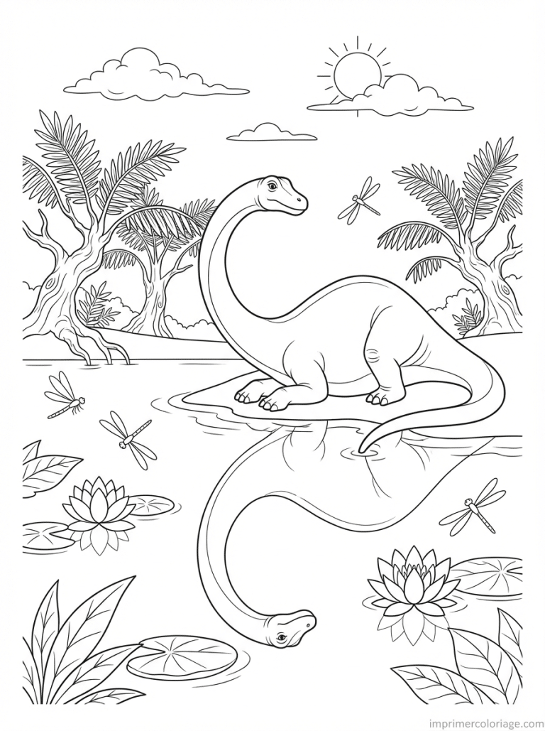 coloriage diplodocus lac reflet fleurs - dessin gratuit &agrave; imprimer