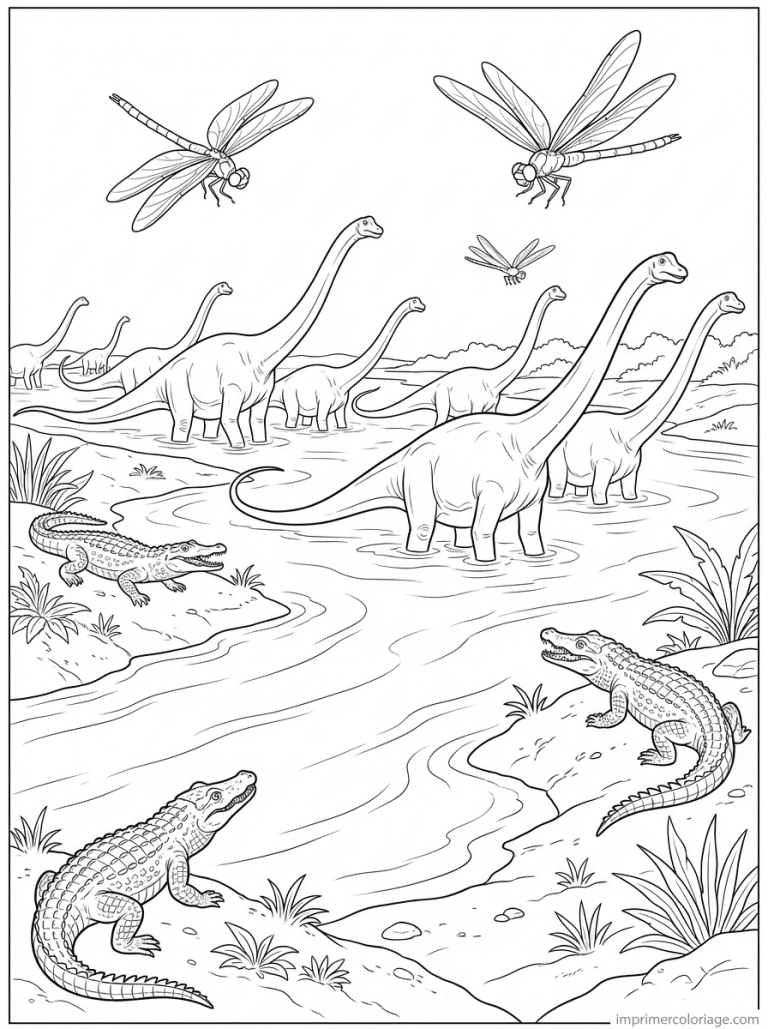 coloriage diplodocus troupeau riviere - dessin gratuit &agrave; imprimer