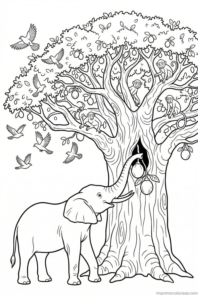 coloriage elephant baobab singes fruits - dessin gratuit &agrave; imprimer