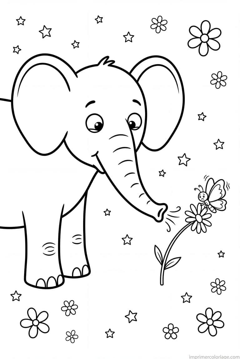 coloriage elephant cute trompe marguerite - dessin gratuit &agrave; imprimer