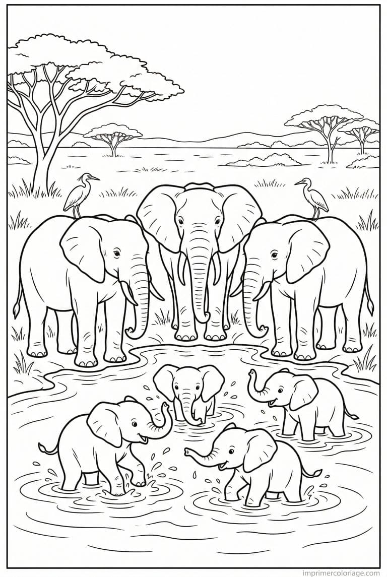 coloriage elephant famille point eau - dessin gratuit &agrave; imprimer