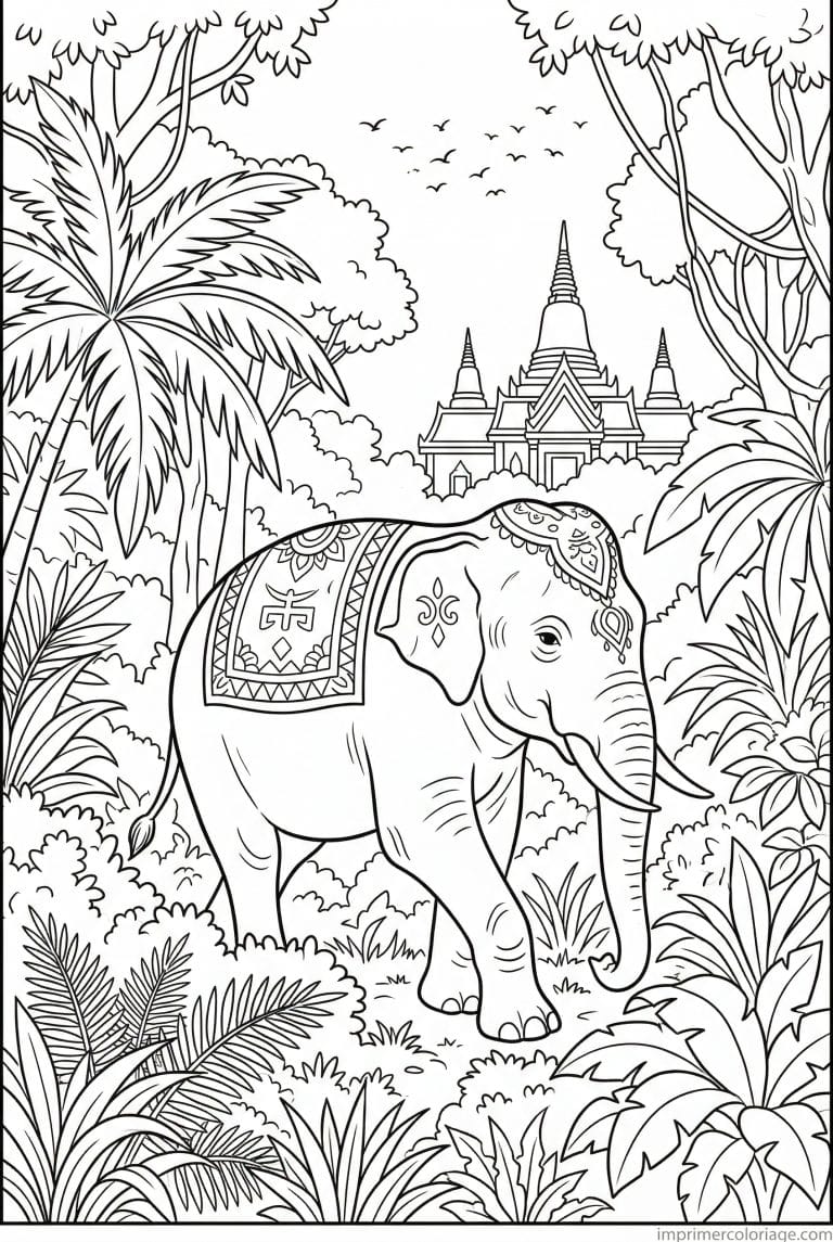 coloriage elephant jungle temple asie - dessin gratuit &agrave; imprimer