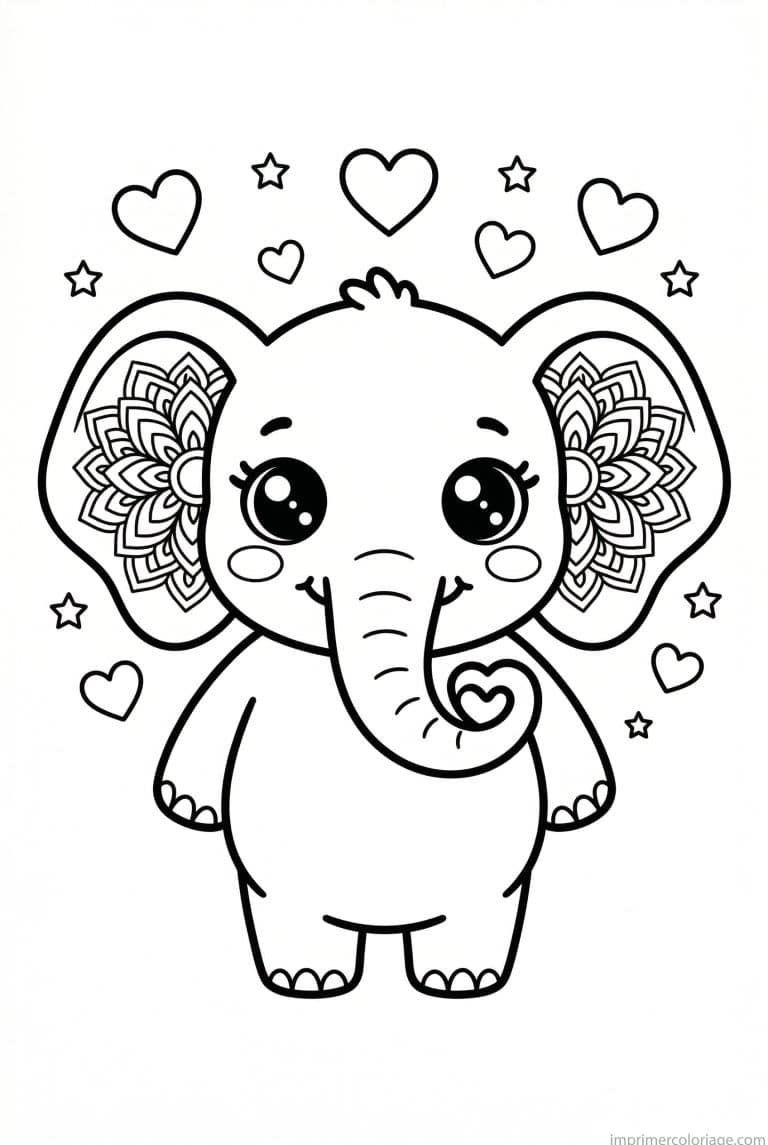 coloriage elephant kawaii trompe coeur - dessin gratuit &agrave; imprimer