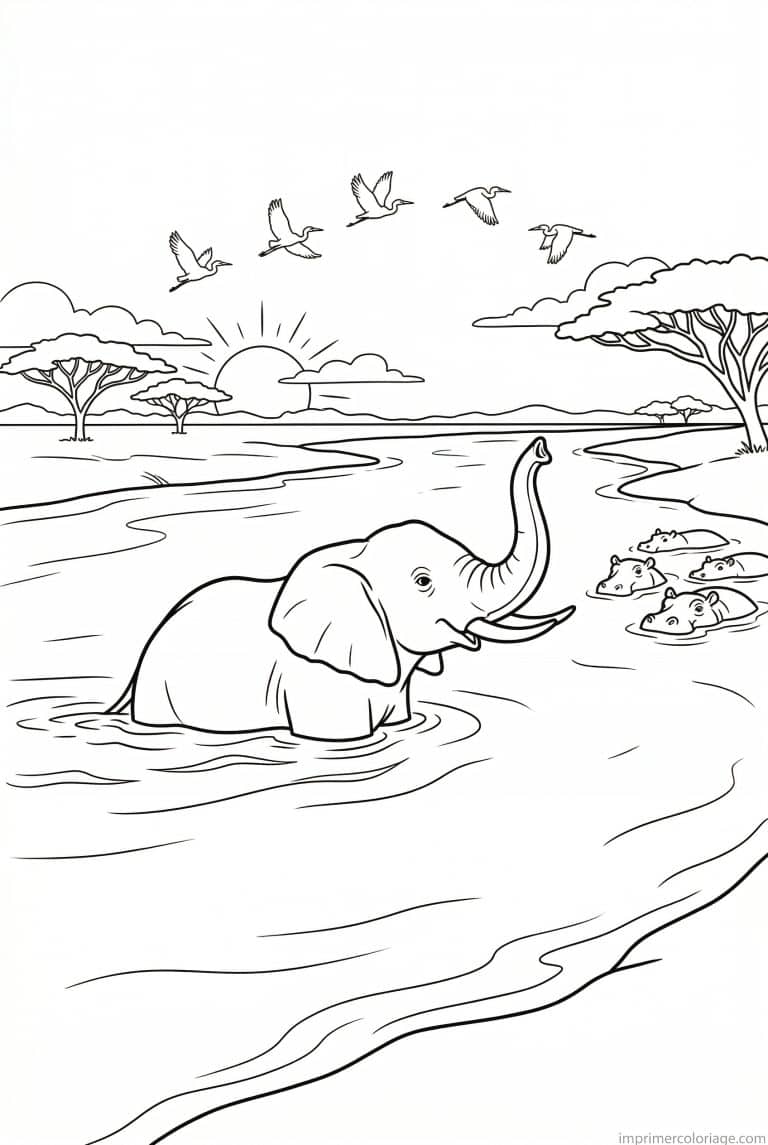 coloriage elephant traversee riviere hippos - dessin gratuit &agrave; imprimer