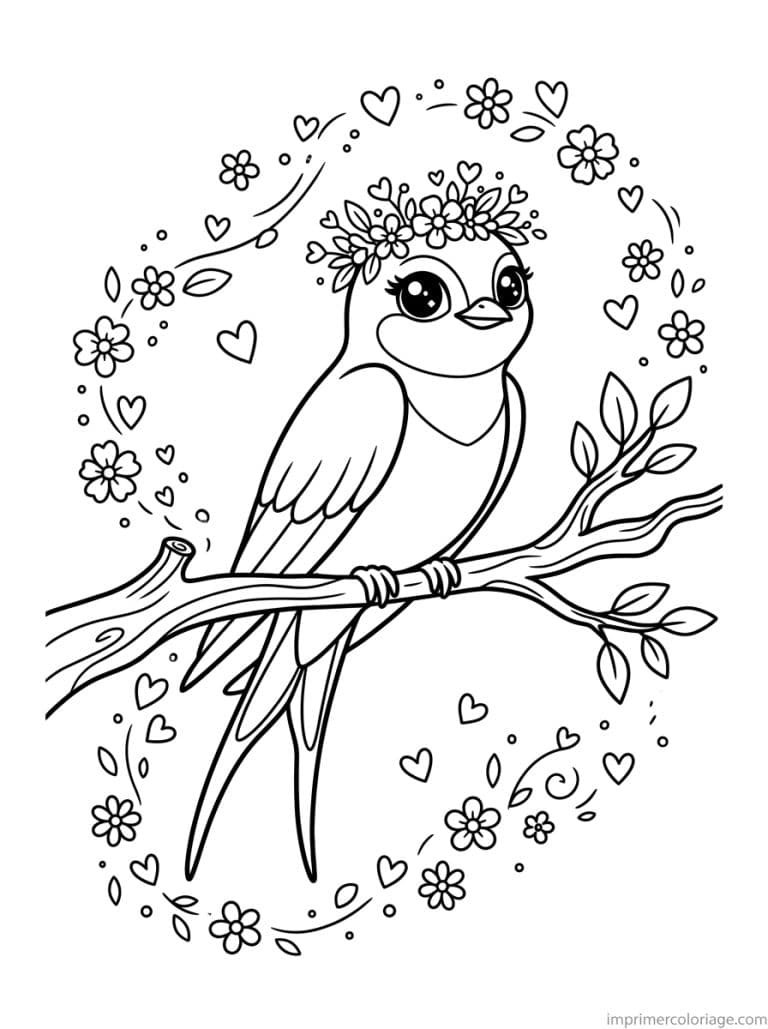 coloriage hirondelle cute couronne branche - dessin gratuit &agrave; imprimer