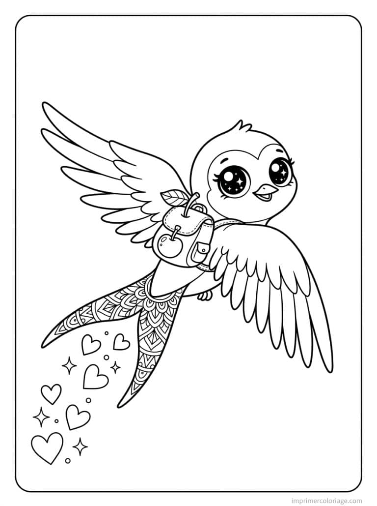 coloriage hirondelle kawaii cerise sac - dessin gratuit &agrave; imprimer
