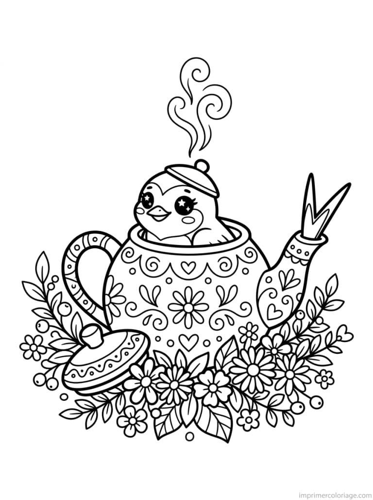 coloriage hirondelle kawaii theiere nid - dessin gratuit &agrave; imprimer