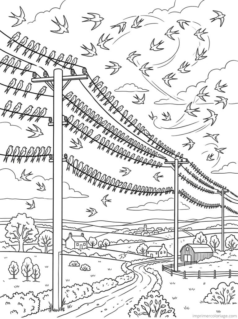 coloriage hirondelle migration fils electriques - dessin gratuit &agrave; imprimer