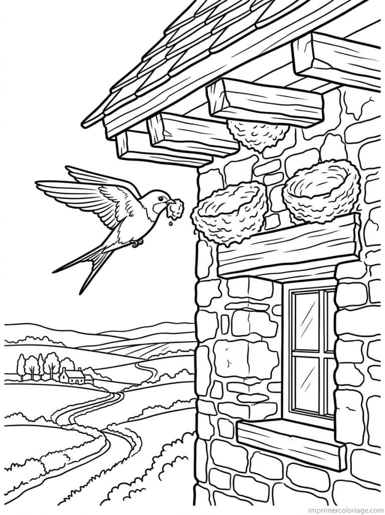 coloriage hirondelle nid ferme boue - dessin gratuit &agrave; imprimer