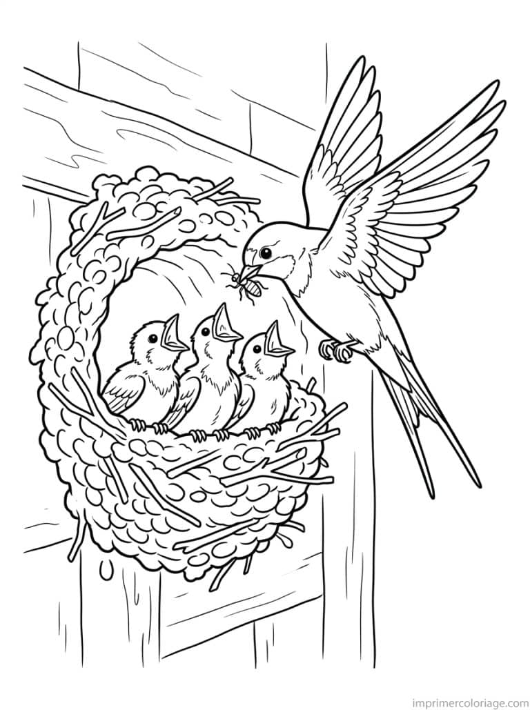 coloriage hirondelle nourrit oisillons nid - dessin gratuit &agrave; imprimer