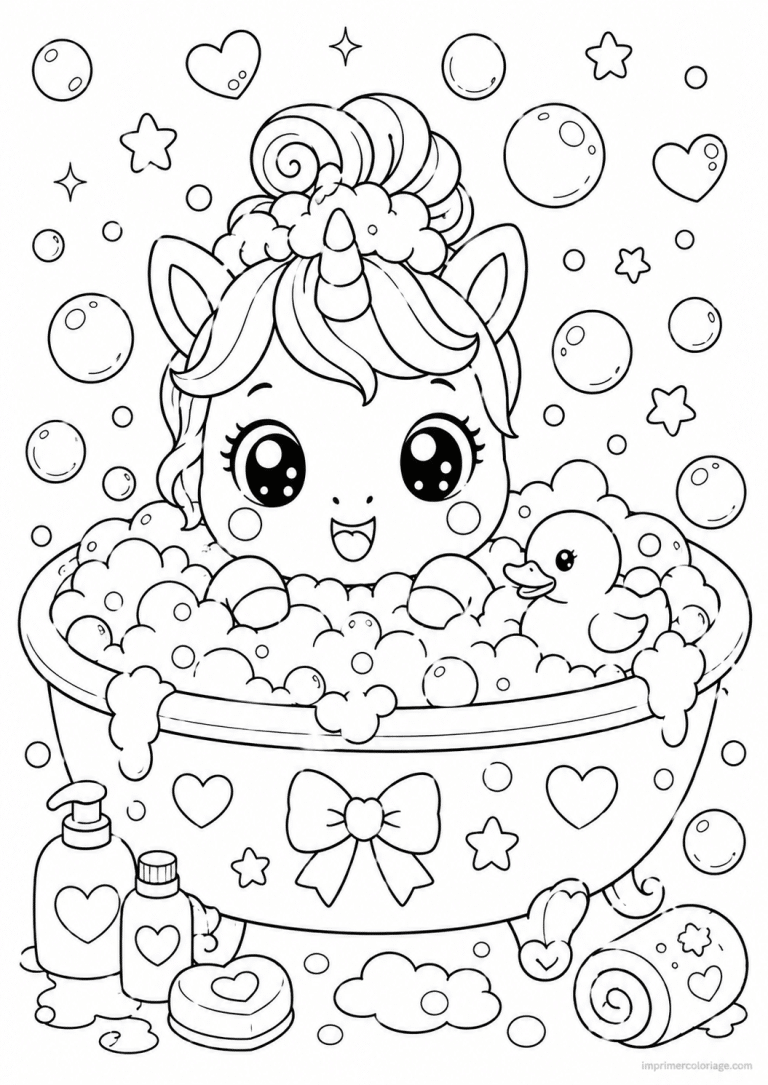 coloriage licorne kawaii bain bulles - dessin gratuit &agrave; imprimer