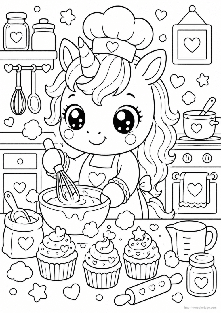 coloriage licorne kawaii cuisine cupcakes - dessin gratuit &agrave; imprimer