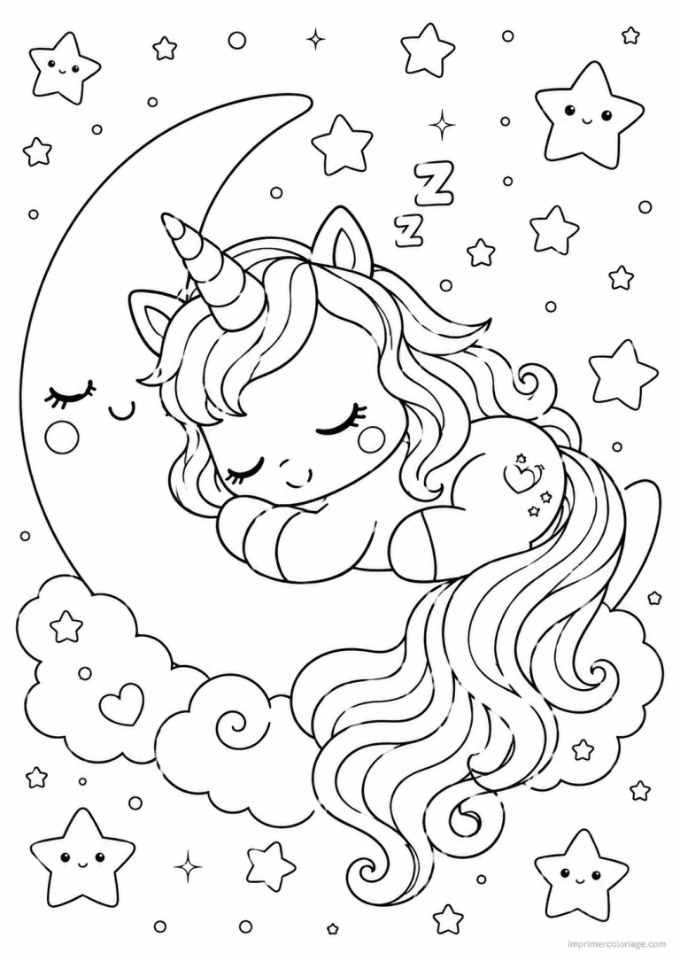 coloriage licorne kawaii dort lune - dessin gratuit &agrave; imprimer
