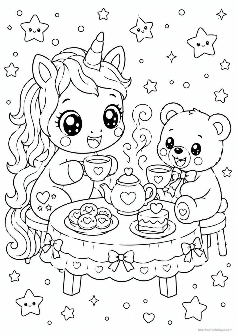 coloriage licorne kawaii gouter ourson - dessin gratuit &agrave; imprimer