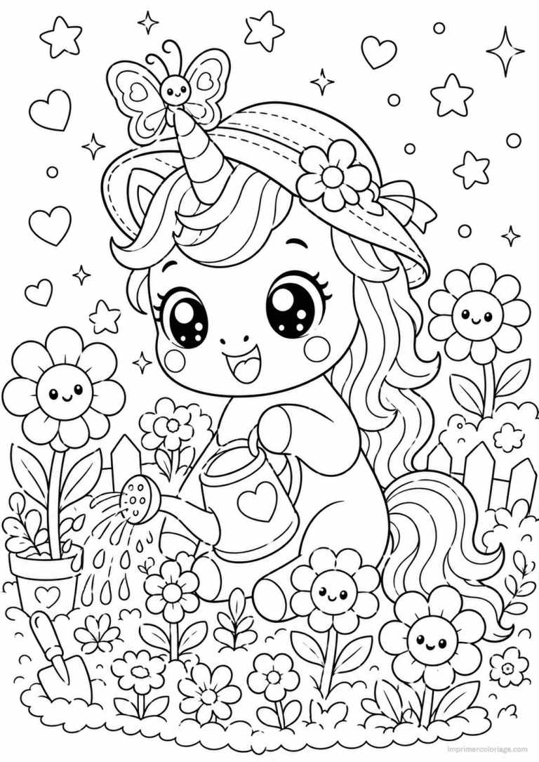 coloriage licorne kawaii jardin fleurs - dessin gratuit &agrave; imprimer