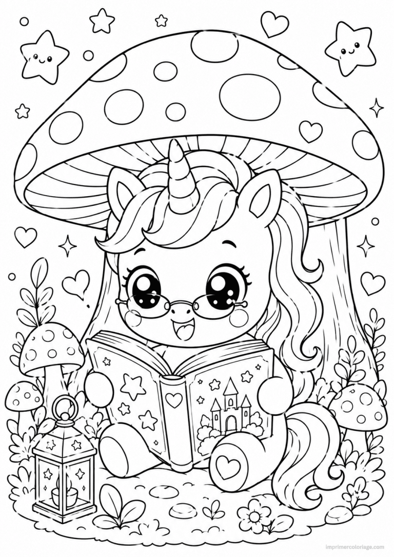 coloriage licorne kawaii lecture champignon - dessin gratuit &agrave; imprimer