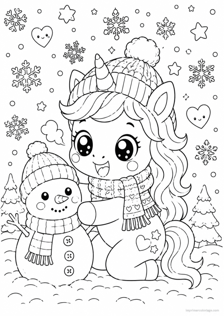 coloriage licorne kawaii neige bonhomme - dessin gratuit &agrave; imprimer