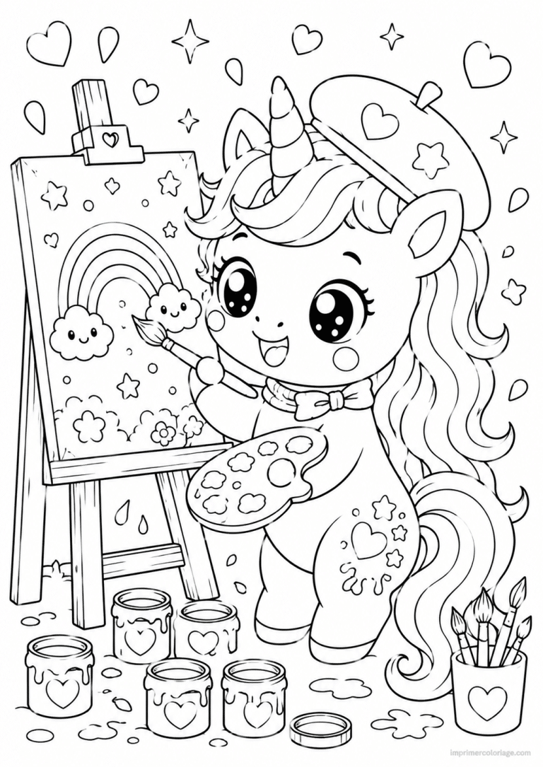 coloriage licorne kawaii peinture chevalet - dessin gratuit &agrave; imprimer