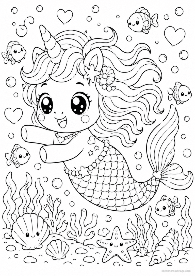 coloriage licorne kawaii sirene ocean - dessin gratuit &agrave; imprimer