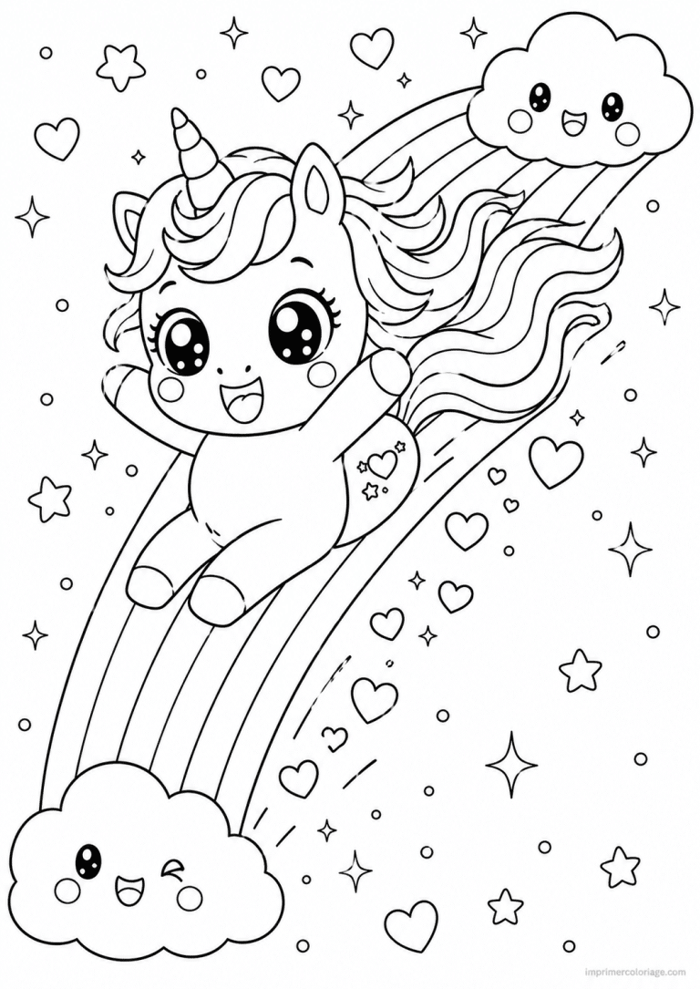coloriage licorne kawaii toboggan arc en ciel - dessin gratuit &agrave; imprimer