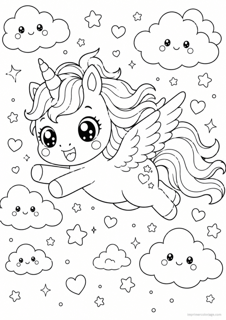 coloriage licorne kawaii vole nuages - dessin gratuit &agrave; imprimer