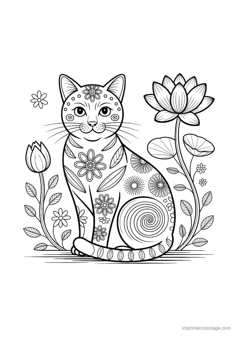 coloriage mandala chat assis fleurs - dessin gratuit &agrave; imprimer