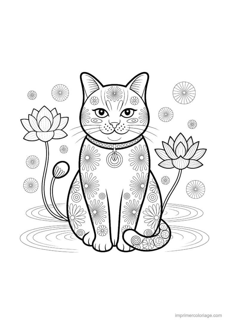 coloriage mandala chat assis lotus - dessin gratuit &agrave; imprimer
