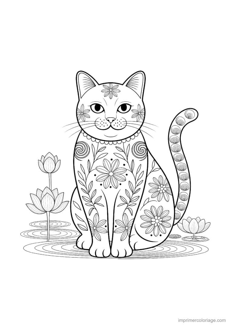 coloriage mandala chat assis lotus eau - dessin gratuit &agrave; imprimer