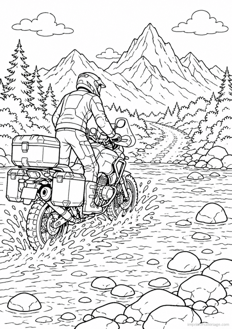 coloriage moto trail gue riviere montagne - dessin gratuit &agrave; imprimer