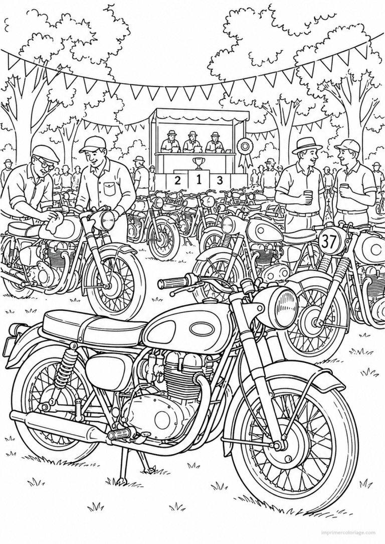 coloriage moto vintage rassemblement expo - dessin gratuit &agrave; imprimer