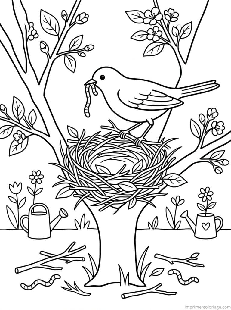 coloriage oiseau construit nid brindilles à imprimer coloriage oiseau construit nid brindilles - dessin gratuit à imprimer