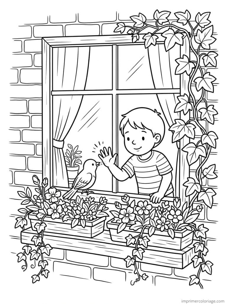 coloriage oiseau fenetre enfant vitre à imprimer coloriage oiseau fenetre enfant vitre - dessin gratuit à imprimer