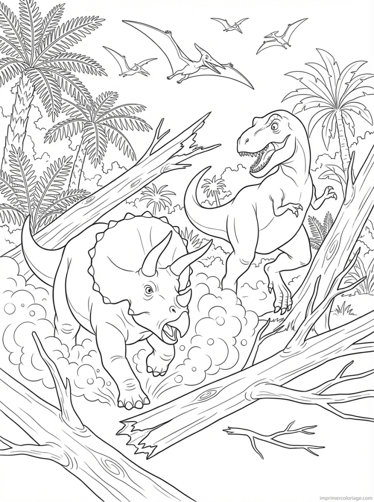 coloriage triceratops combat trex jungle - dessin gratuit &agrave; imprimer