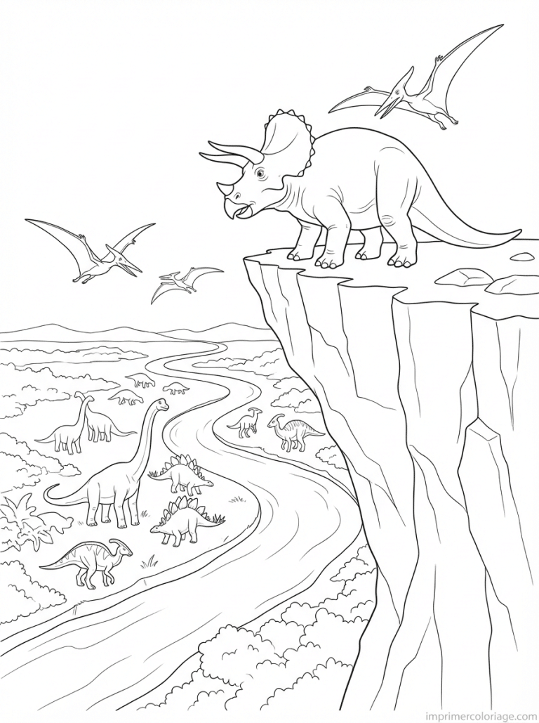 coloriage triceratops falaise vallee pterosaures - dessin gratuit &agrave; imprimer