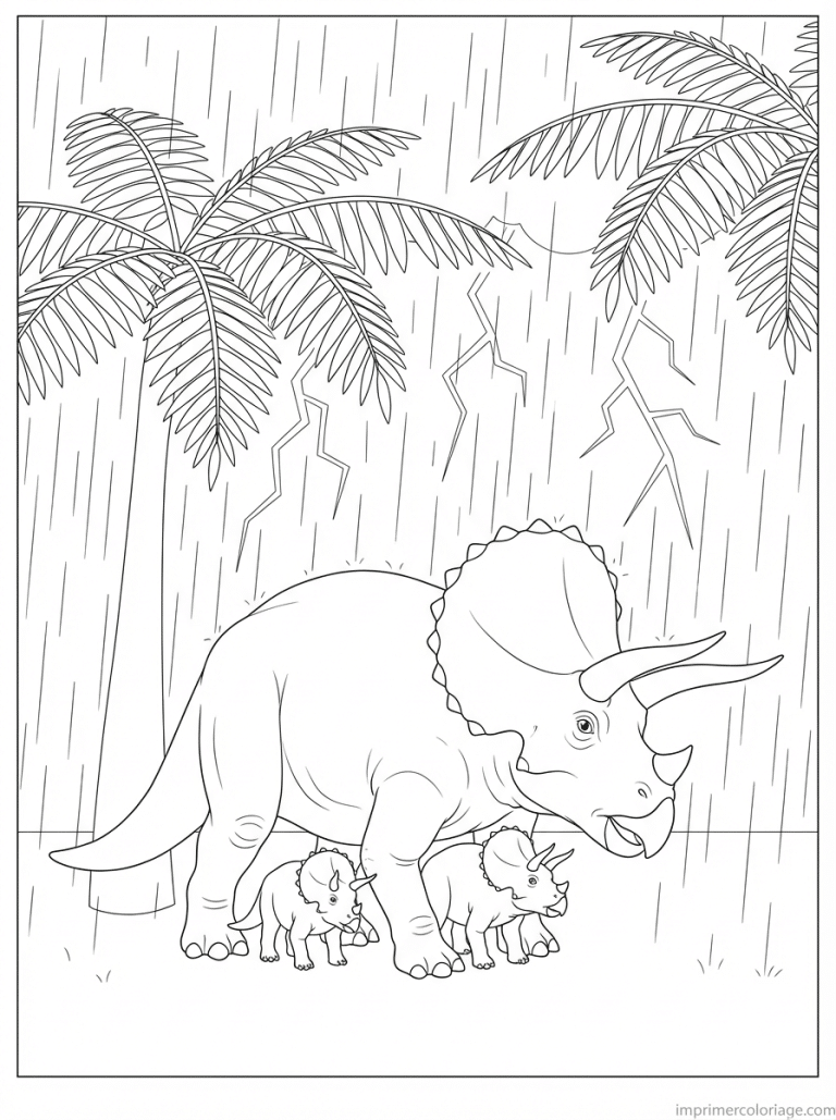 coloriage triceratops famille pluie abri - dessin gratuit &agrave; imprimer