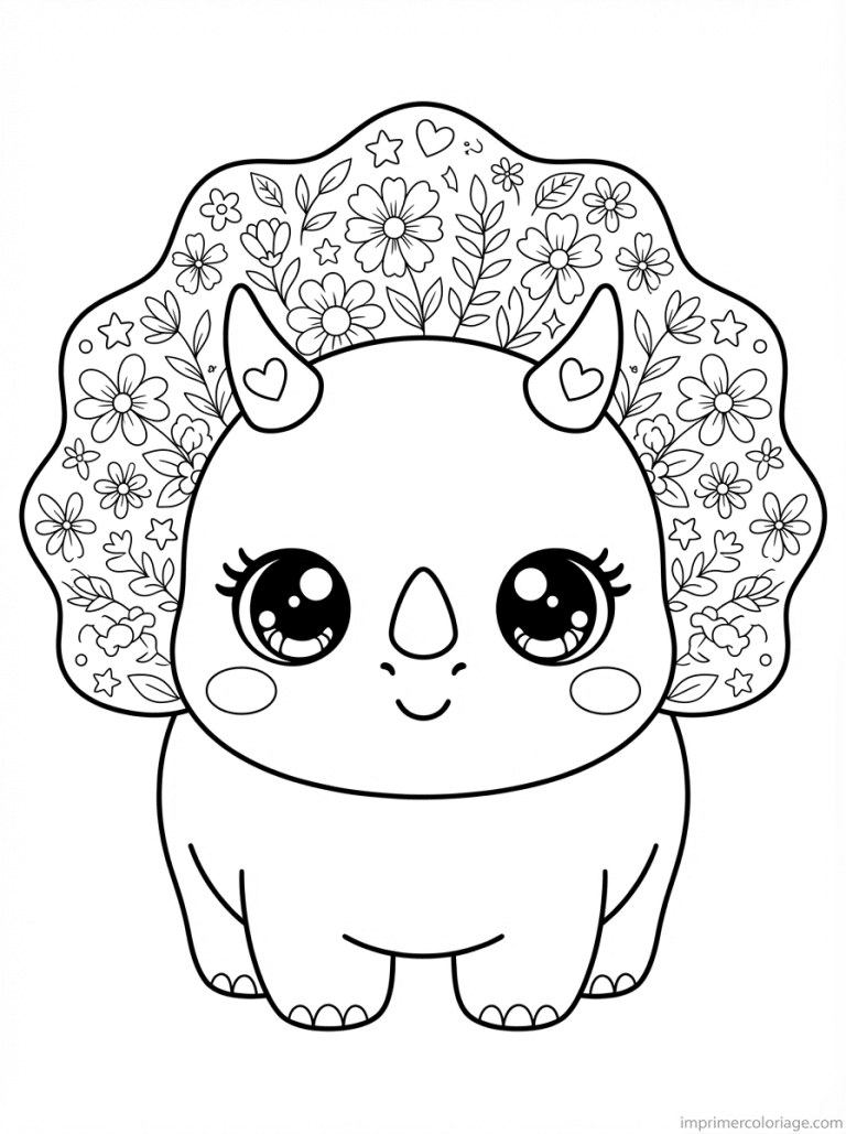 coloriage triceratops kawaii cornes coeurs - dessin gratuit &agrave; imprimer