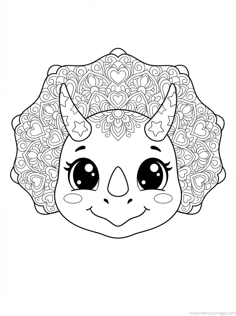 coloriage triceratops kawaii visage mandala - dessin gratuit &agrave; imprimer