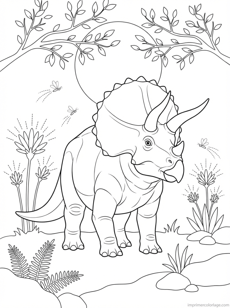coloriage triceratops nuit foret lune - dessin gratuit &agrave; imprimer