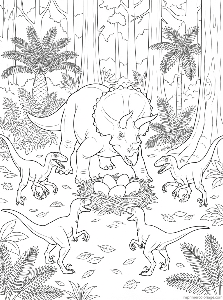 coloriage triceratops protege nid raptors - dessin gratuit &agrave; imprimer