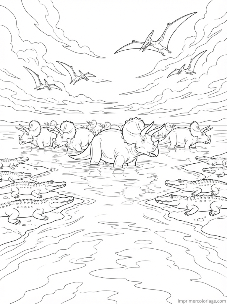 coloriage triceratops troupeau riviere - dessin gratuit &agrave; imprimer