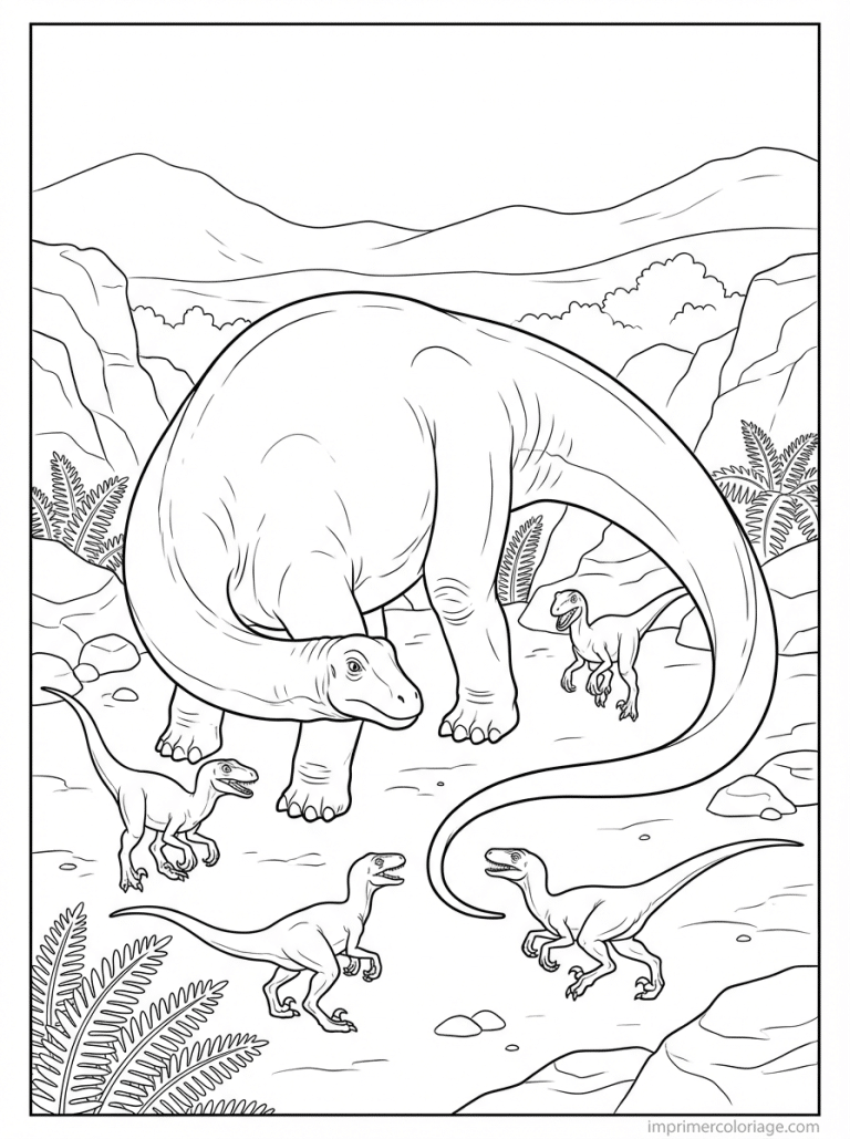 coloriage velociraptor diplodocus meute - dessin gratuit &agrave; imprimer