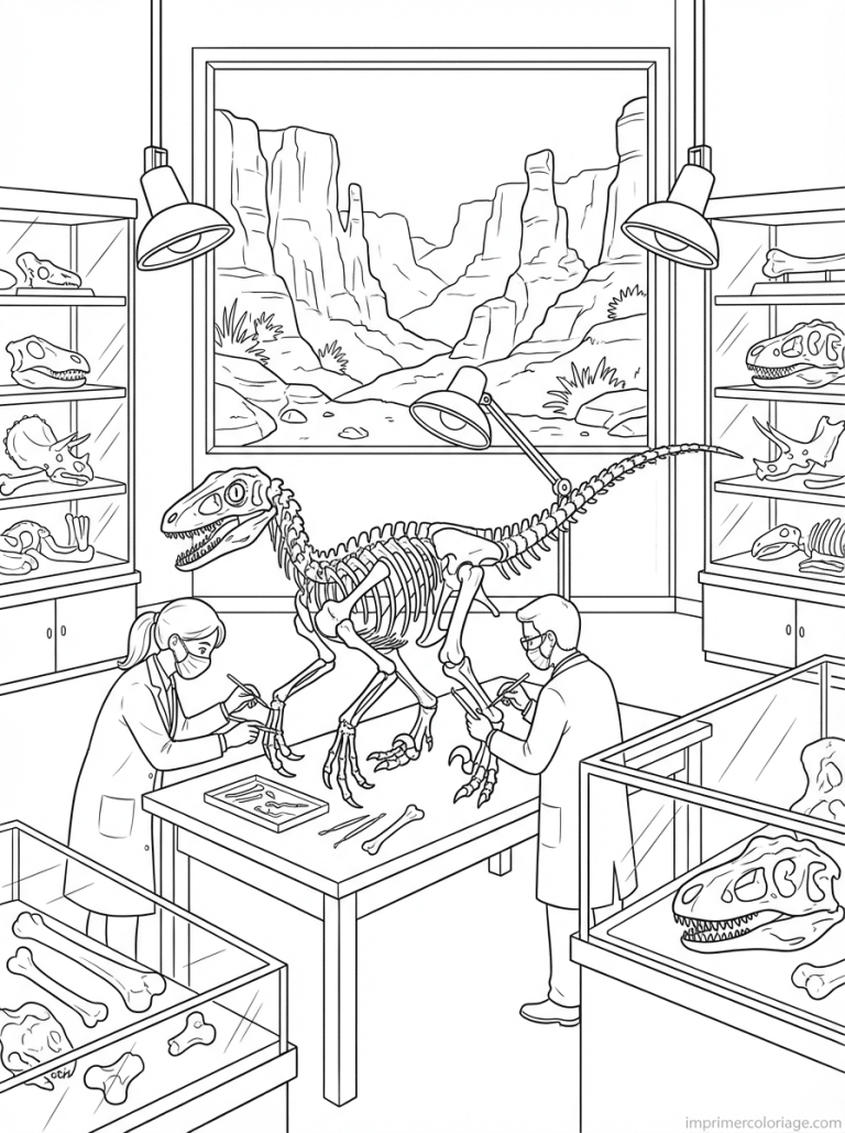 coloriage velociraptor fossile laboratoire - dessin gratuit &agrave; imprimer