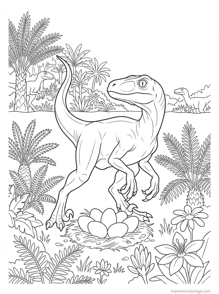 coloriage velociraptor garde nid oeufs - dessin gratuit &agrave; imprimer