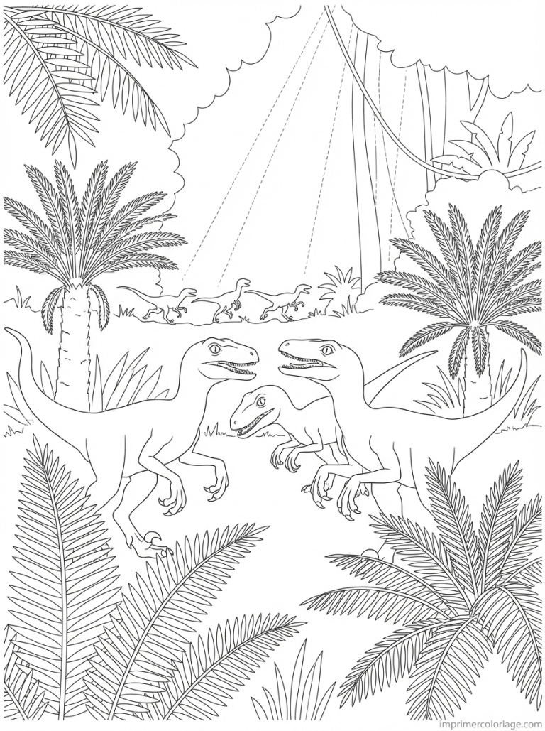coloriage velociraptor meute jungle - dessin gratuit &agrave; imprimer