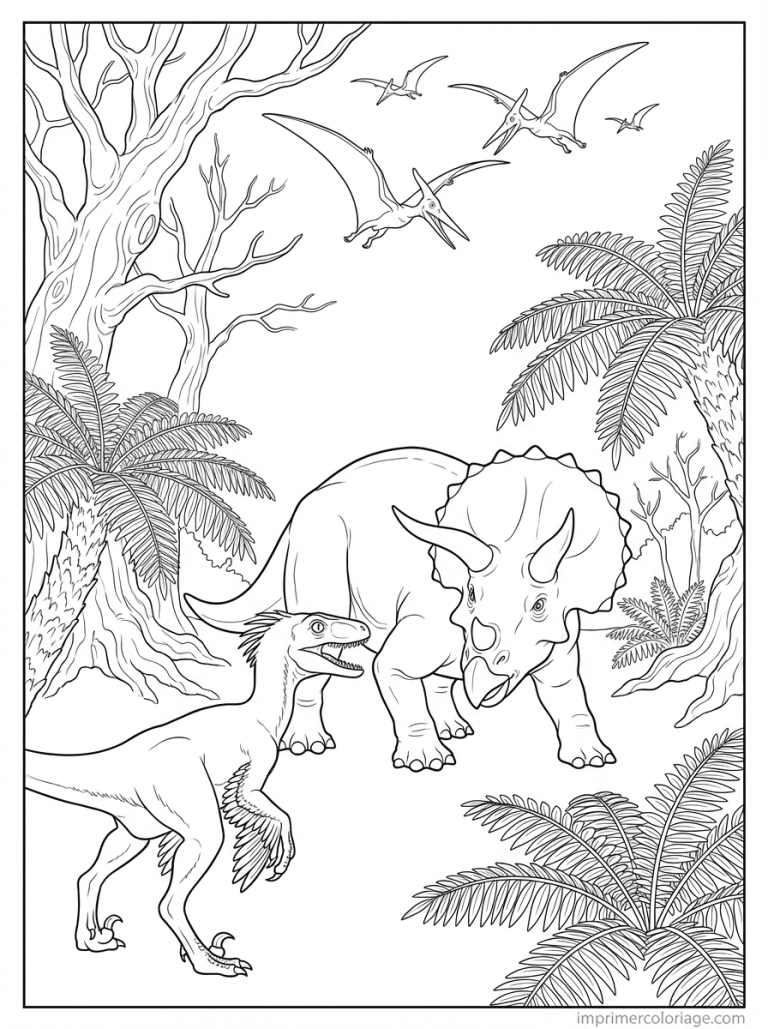 coloriage velociraptor triceratops confrontation - dessin gratuit &agrave; imprimer