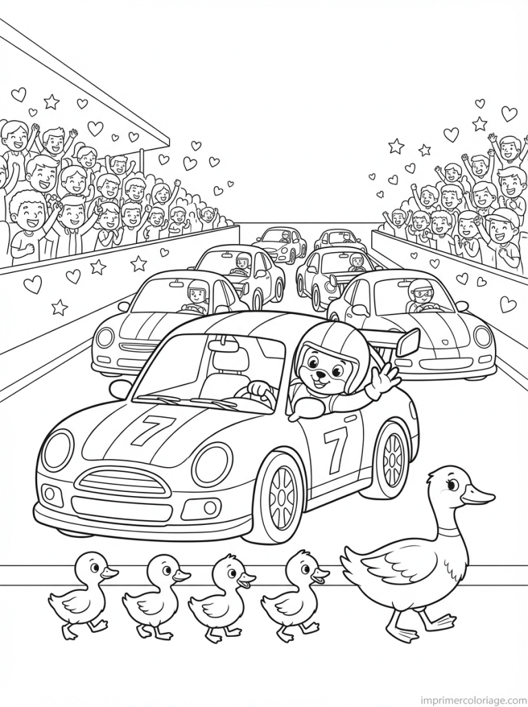 coloriage voiture course cute canards piste - dessin gratuit &agrave; imprimer