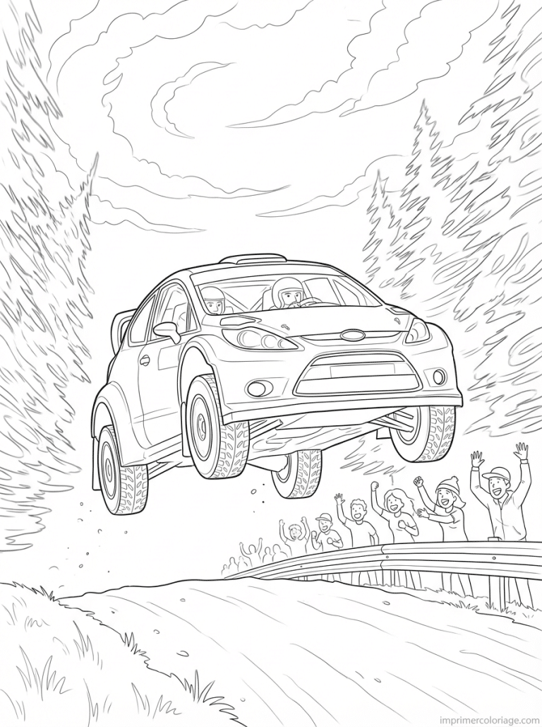 coloriage voiture course rallye saut foret - dessin gratuit &agrave; imprimer