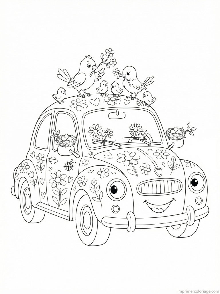 coloriage voiture cute fleurs oiseaux - dessin gratuit &agrave; imprimer